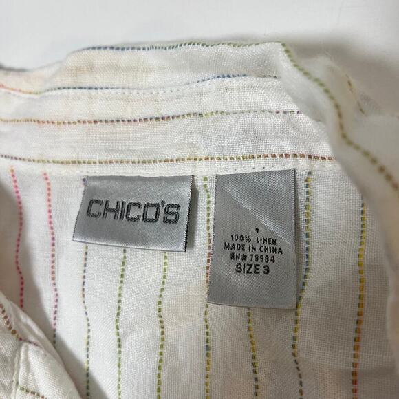Chicos 100% Linen Button Up Shirt White Rainbow Striped Size 3 Preppy Collared - Picture 3 of 8